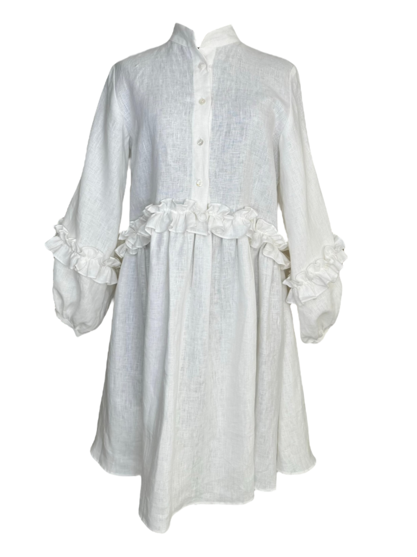 Vestido de lino con botones al frente, detalles de olanes
