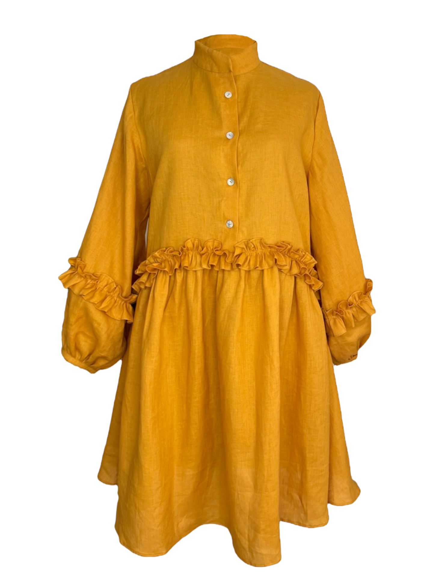 Vestido de Lino con botones al frente, detalles de olanes hechos a mano en manga y cintura.