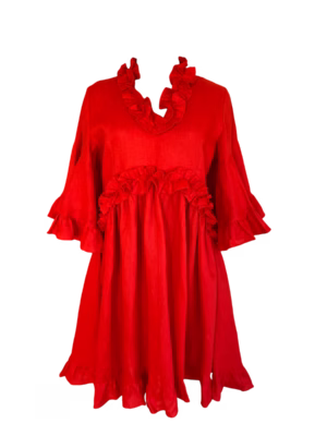 Vestido de lino con detalles de olanes, manga campana