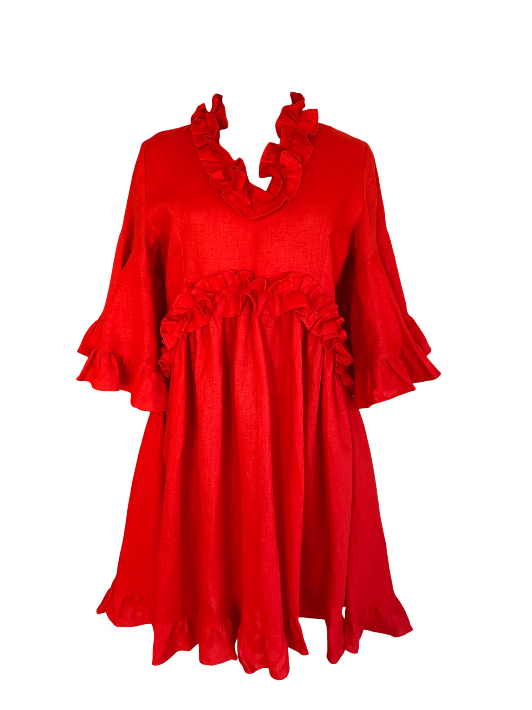 Vestido de lino con detalles de olanes, manga campana