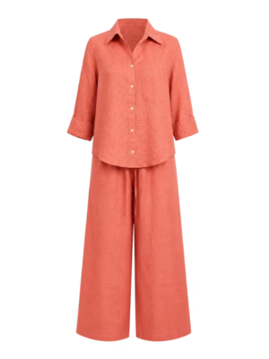 Conjunto camisa y pantalón de lino. Pantalón con pretina de resorte ajustable.
